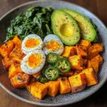 Avocado Power Plate with Jammy Eggs, Spinach & Sweet Potatoes