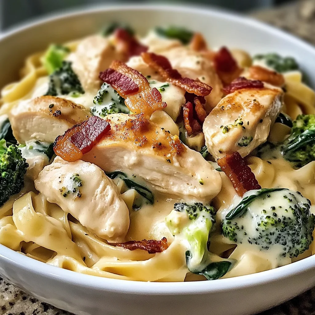 Chicken, Bacon & Spinach Alfredo Fettuccine with Broccoli