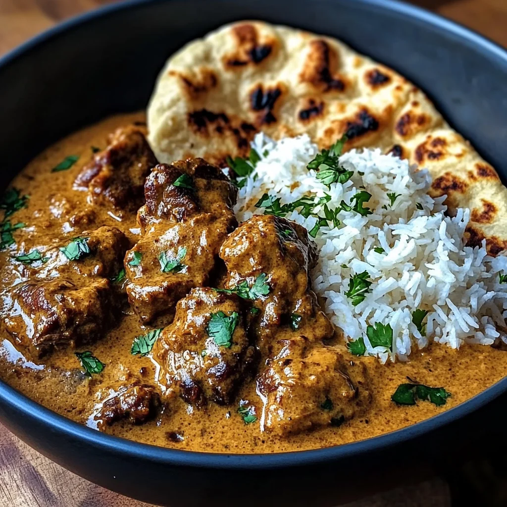 Coconut-Curry Braised Beef with Jasmine Rice & Garlic Naan