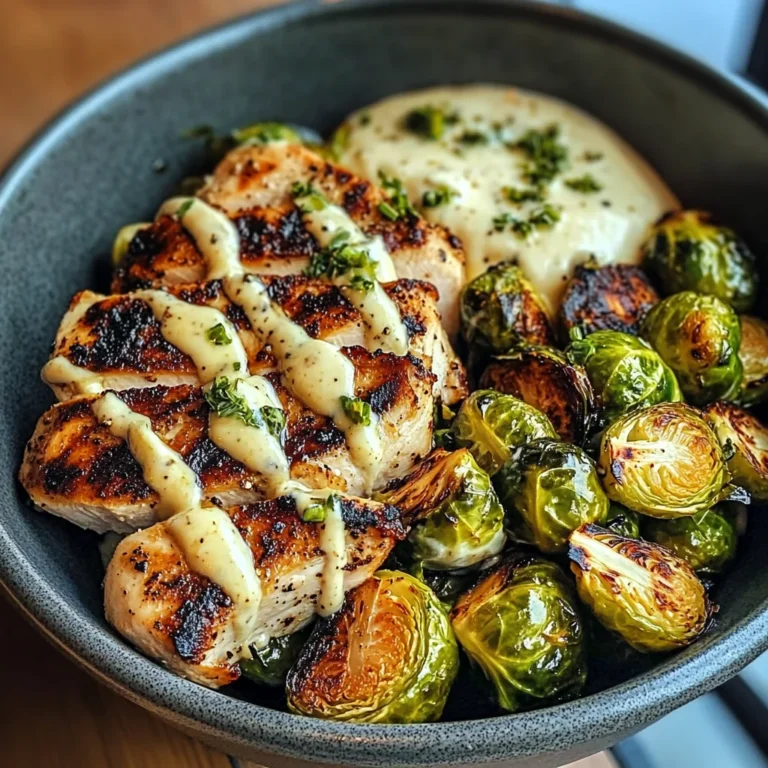 Grilled Chicken & Brussels Sprouts Bowl with Creamy Garlic-Parmesan Sauce