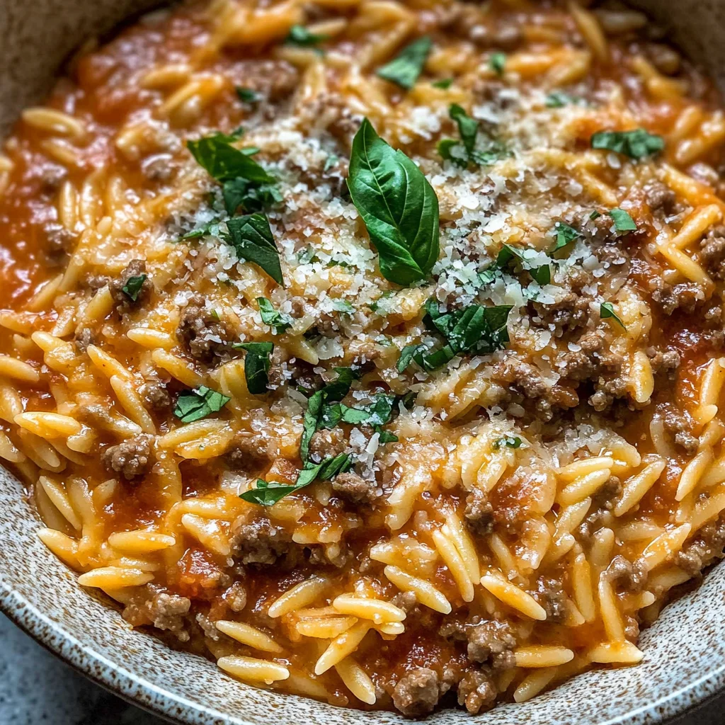 Ground Beef Orzo with Tomato Cream Sauce and Fresh Basil