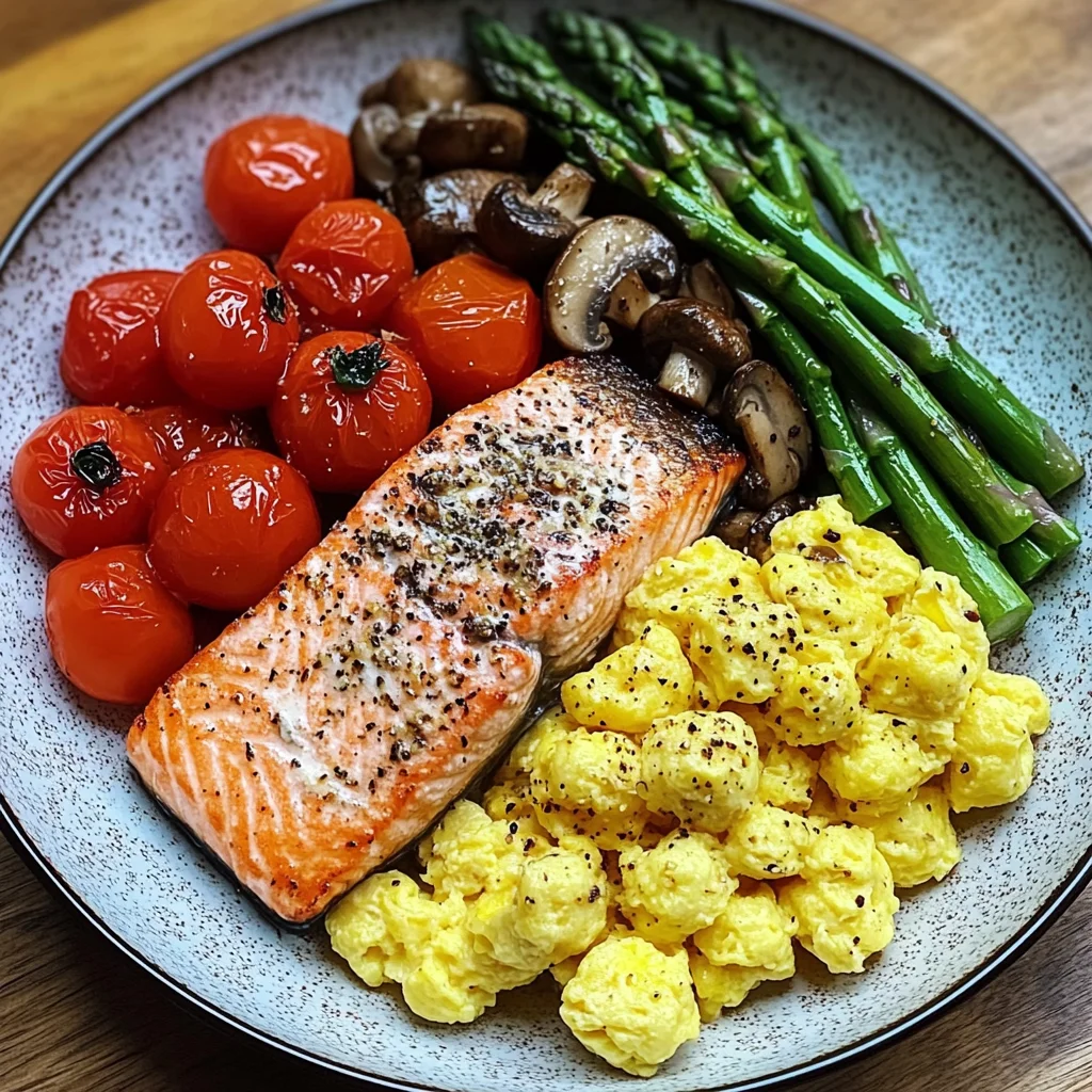 Salmon Power Bowl with Scrambled Eggs, Asparagus & Sauted Mushrooms
